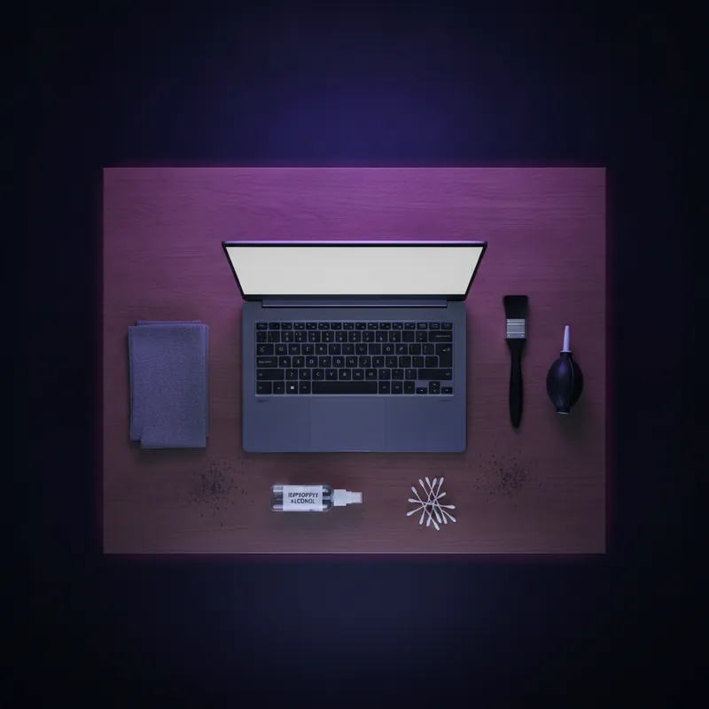 Pembersihan komputer desktop dengan kain microfiber dan compressed air untuk menghilangkan debu