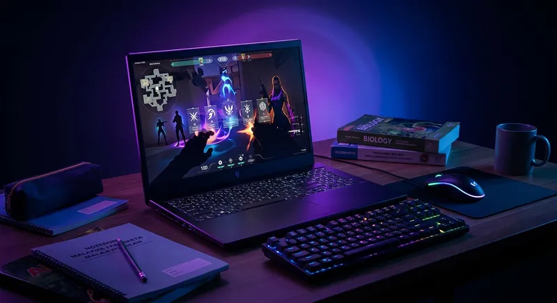 Laptop gaming Valorant dengan spesifikasi entry-level di meja kerja Malaysia