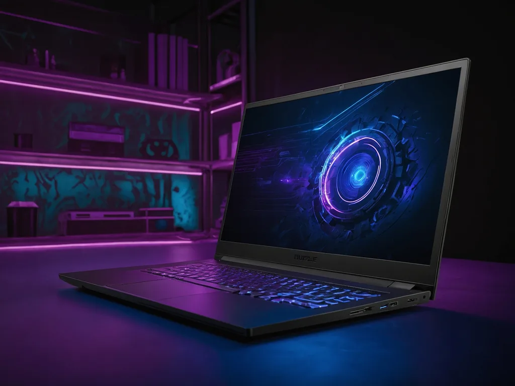 Laptop gaming moden dengan ventilasi besar dan cahaya RGB violet, simbol cooling yang cekap