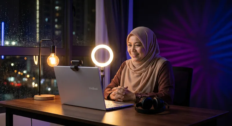 Laptop video call Malaysia dengan kamera HD dan mikrofon berkualiti untuk kerja jarak jauh
